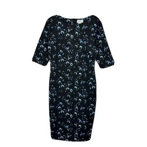 Carmen Marc Valvo Black Blue Floral Stretch Knit Elbow Slv Work Dress Sz Small